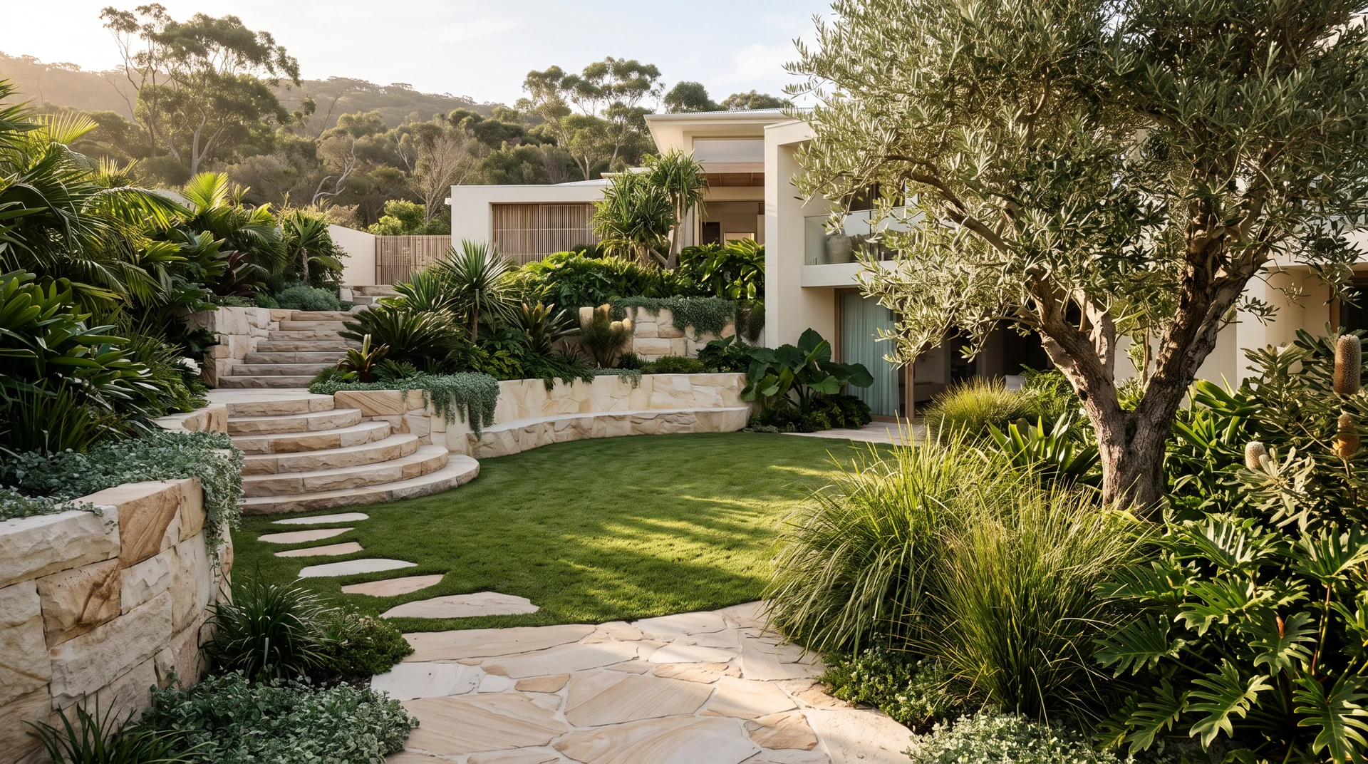 Coastal garden with sandstone terraces and lush planting